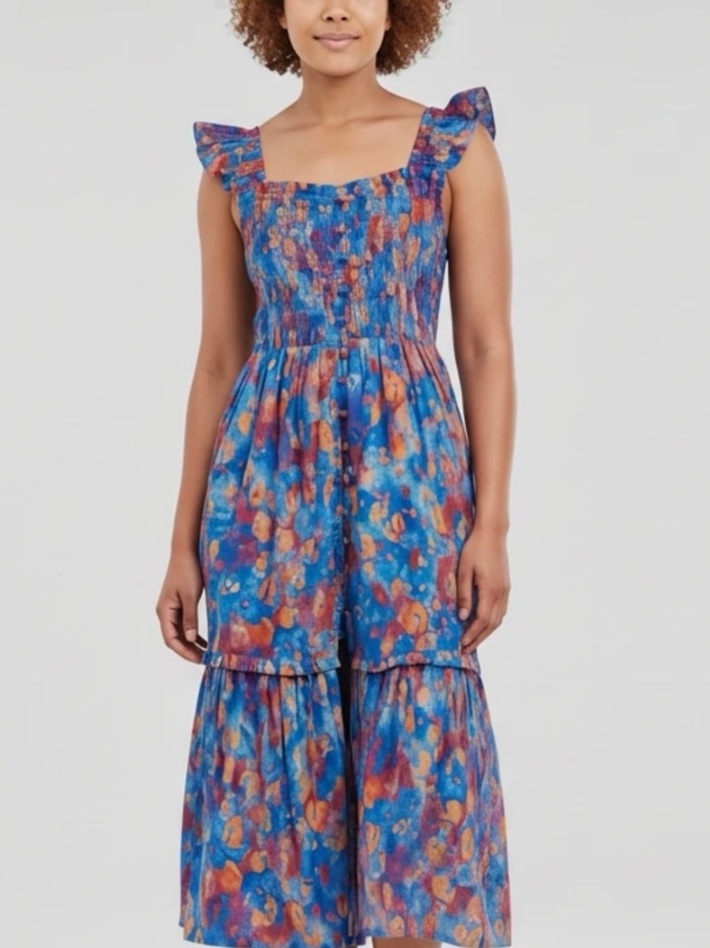 Anthropologie Blue & Multicolor Floral Print Maxi Dress with Tiered Skirt
